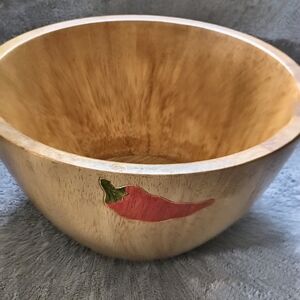 Vintage Clay Art Hand Painted Wood Salad Bowls Chili Pepper Design Art Food
